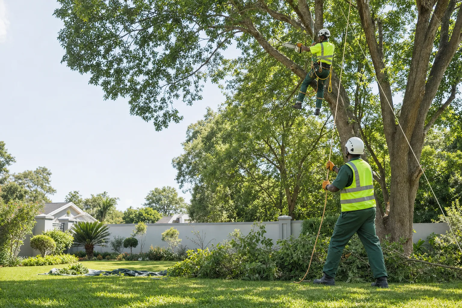 Willard team safely felling a large tree with ropes in a Pretoria garden