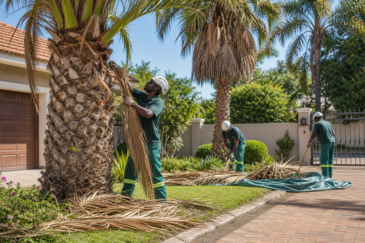 Palm cleaning crew removing dry palm fronds