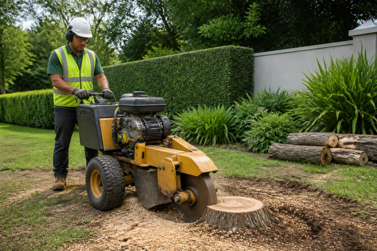 Stump grinding service in a tidy garden